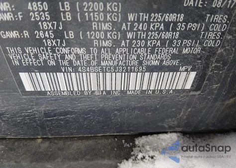 2018 Subaru Outback 3.6R Touring z USA, uszkodzony, nr VIN 4S4BSETC5J3211695